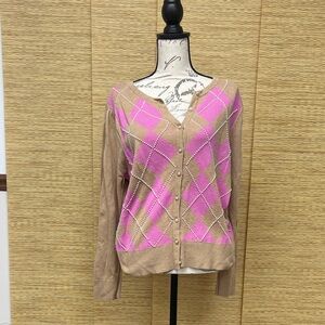 Charter Club Pink and Tan Argyle Cardigan